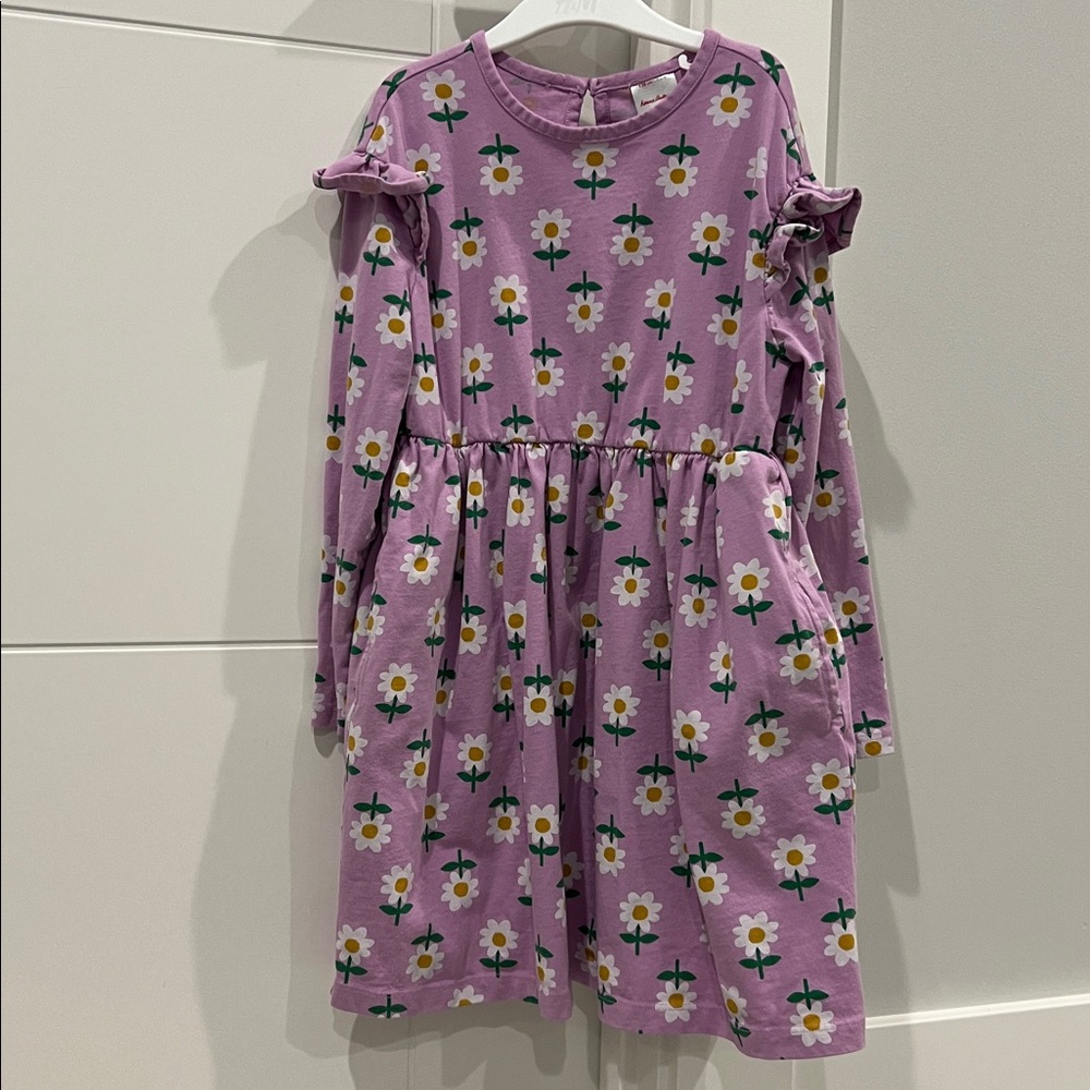 Hanna Andersson long sleeve ruffle dress with pockets, size 6-7